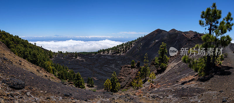 熔岩场Malforado和火山口的vocano Duraznero，火山路线，Cumbre Vieja, La Palma，西班牙